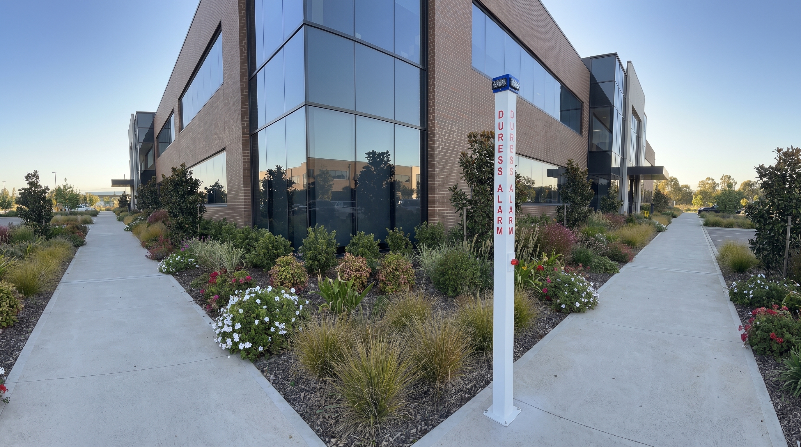 B-Link Wireless Duress Pole installed outside an office campus
